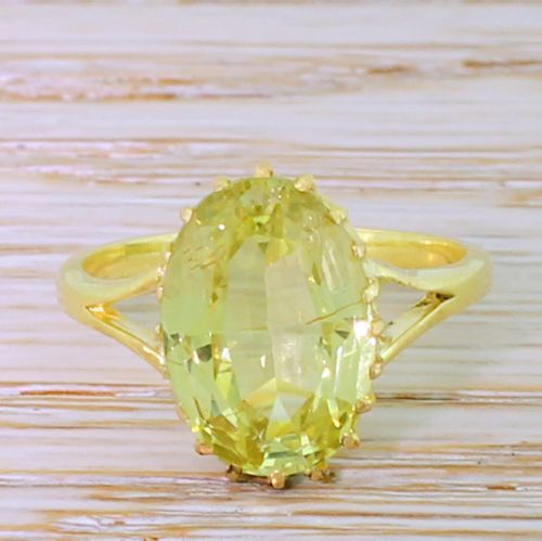 fig 1. Art Deco 5.64 Carat Natural Yellow Chrysoberyl Solitaire Ring, circa 1925