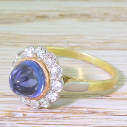 Art Deco 3.87 Carat Natural Cabochon Sapphire & Diamond Cluster Ring, Circa 1930
