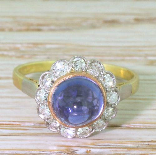 fig 1. Art Deco 3.87 Carat Natural Cabochon Sapphire & Diamond Cluster Ring, circa 1930