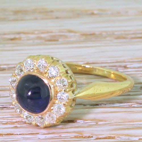Art Deco 1.71 Carat Natural Cabochon Sapphire & Old Cut Diamond Ring, Circa 1935
