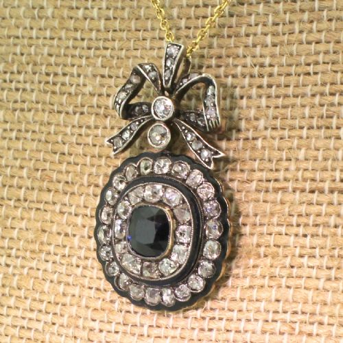 Victorian 1.26 Carat Sapphire, Old Cut Diamond & Enamel Brooch / Pendant, Circa 1880

