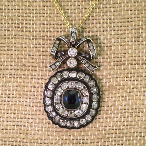 fig 2. Victorian 1.26 Carat Sapphire, Old Cut Diamond & Enamel Brooch / Pendant, circa 1880
