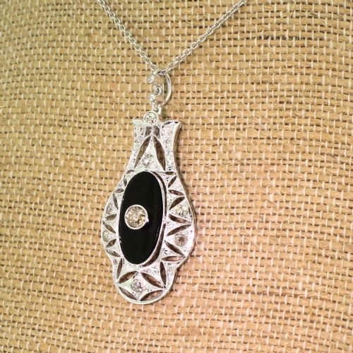 Mid Century Old Cut Diamond & Onyx Pendant, 1950
