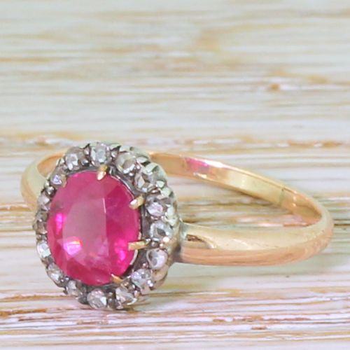 Victorian 1.50 Carat Burmese Ruby & Rose Cut Diamond Cluster Ring, Circa 1890
