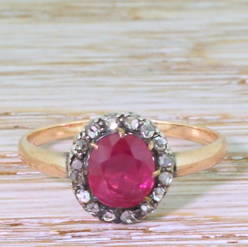 fig 1. Victorian 1.50 Carat Burmese Ruby & Rose Cut Diamond Cluster Ring, circa 1890
