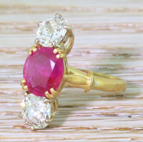 Edwardian 1.95 Carat Natural Ruby & 1.60 Carat Old Cut Diamond Trilogy Ring, Circa 1910