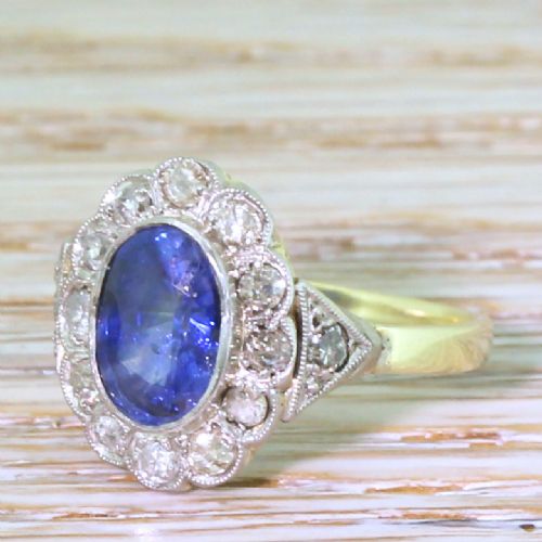 Art Deco 1.80 Carat Sapphire & Old Cut Diamond Cluster Ring, Circa 1935
