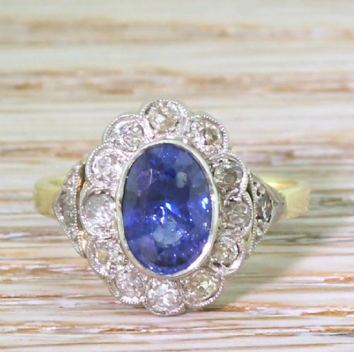 fig 1. Art Deco 1.80 Carat Sapphire & Old Cut Diamond Cluster Ring, circa 1935