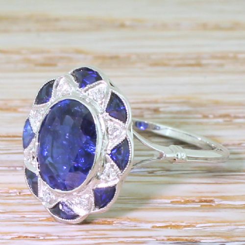 Art Deco 1.98 Carat Sapphire & Diamond Cluster Ring, French, Circa 1940
