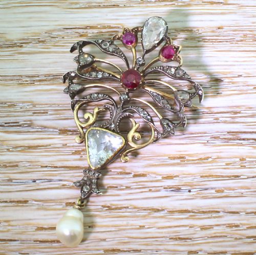 Art Nouveau Diamond, Ruby & Natural Pearl Brooch, Circa 1890
