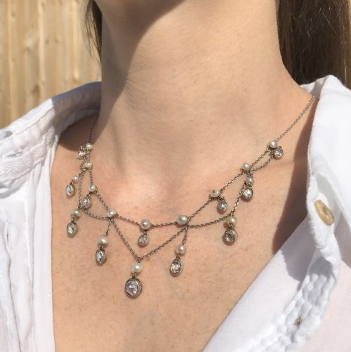 fig 1. Victorian Rose Cut Diamond & Natural Pearl Necklace, circa 1860