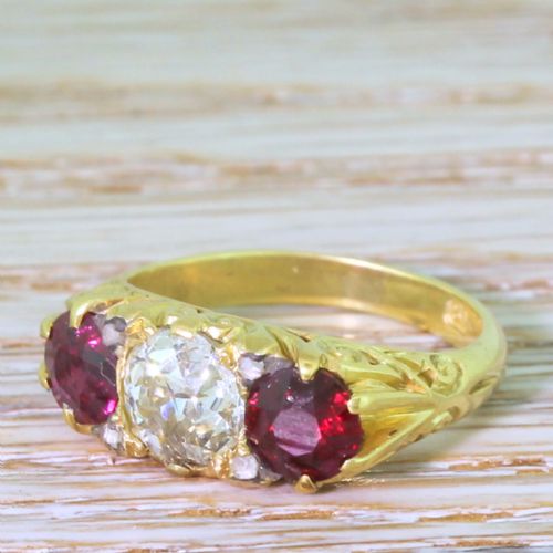 Victorian Old Cut Diamond & Ruby Carved Trilogy Ring, Circa 1900
