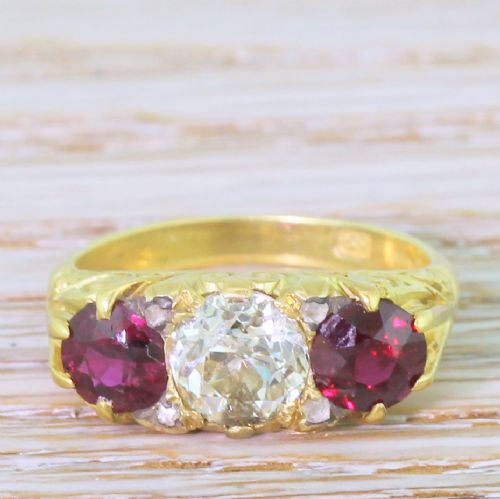 fig 1. Victorian Old Cut Diamond & Ruby Carved Trilogy Ring, circa 1900