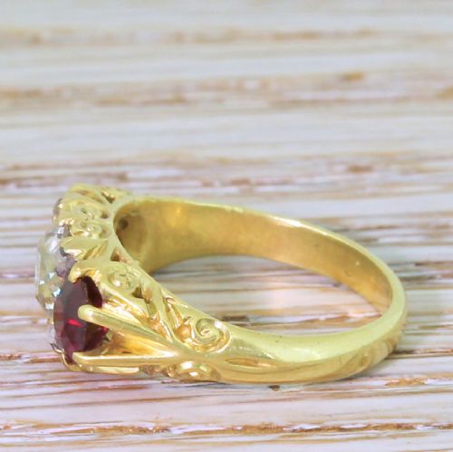 fig 2. Victorian Old Cut Diamond & Ruby Carved Trilogy Ring, circa 1900