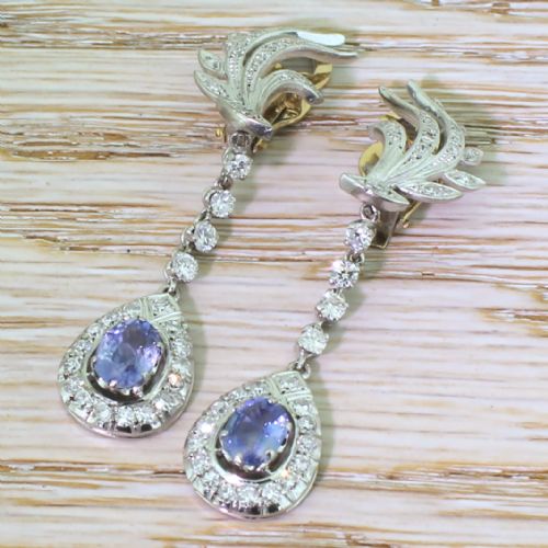 Mid Century 1.74 Carat Sapphire & 1.59 Carat Diamond Drop Earrings