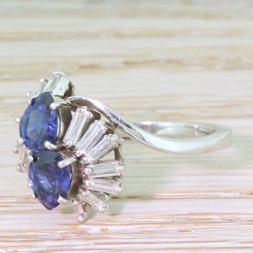 Mid Century Pear Cut Sapphire & Baguette Cut Diamond Ring, Circa 1965
