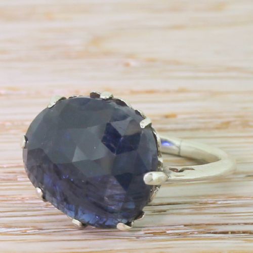Victorian 10.46 Carat Rose Cut Sapphire Solitaire Ring, Circa 1880
