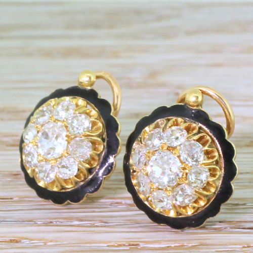 Victorian 2.55 Carat Old Cut Diamond & Black Enamel Cluster Earrings, French, Circa 1900

