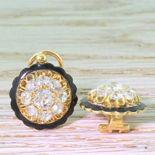 fig 2. Victorian 2.55 Carat Old Cut Diamond & Black Enamel Cluster Earrings, French, circa 1900