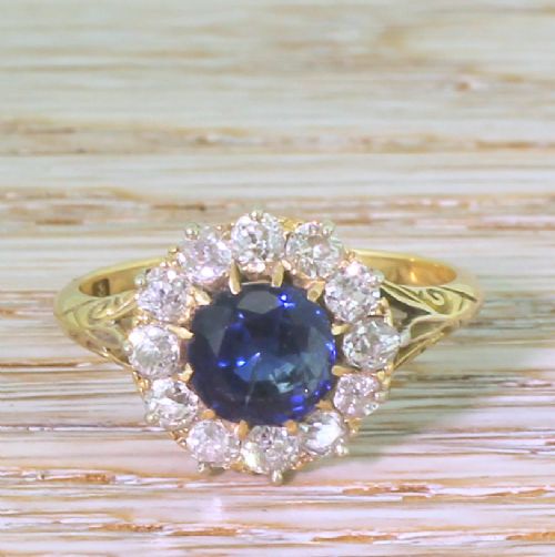 fig 1. Victorian 2.22 Carat Natural Sapphire & Old Cut Diamond Cluster Ring, circa 1900