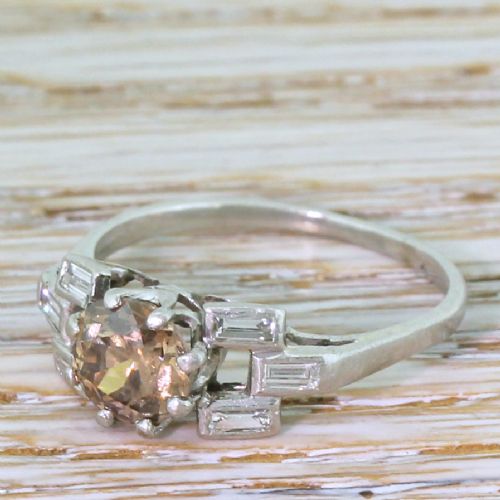Art Deco 1.10 Fancy Deep Brown Old European Cut Diamond Engagement Ring, Circa 1920
