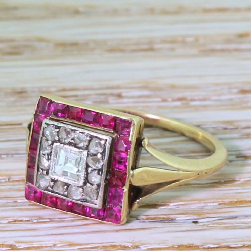 Art Deco Carré Cut Diamond & Ruby Square Cluster Ring, Circa 1920
