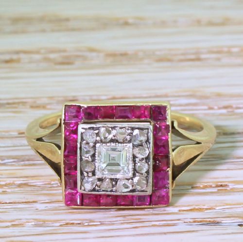 fig 1. Art Deco Carré Cut Diamond & Ruby Square Cluster Ring, circa 1920