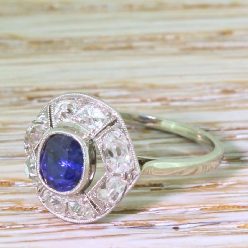 Art Deco 0.58 Carat Sapphire & 0.91 Carat Old Cut Diamond Ring, French, Circa 1935
