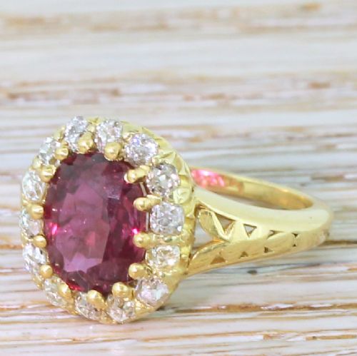 Art Deco 2.16 Carat Ruby & Old Cut Diamond Cluster Ring, Circa 1925
