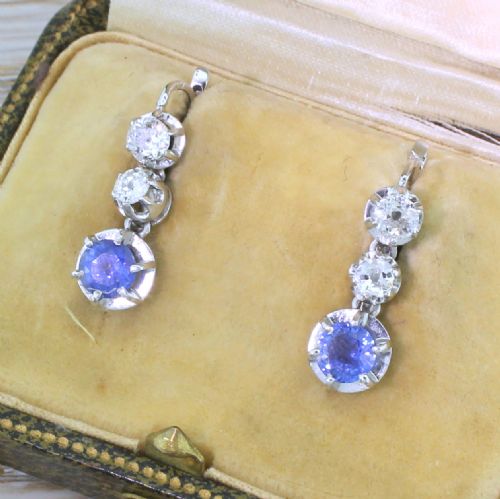 Art Deco Sapphire & Carat Old Cut Diamond Drop Earrings, French, Circa 1935
