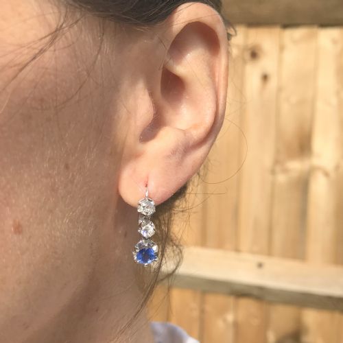 fig 1. Art Deco Sapphire & Carat Old Cut Diamond Drop Earrings, French, circa 1935