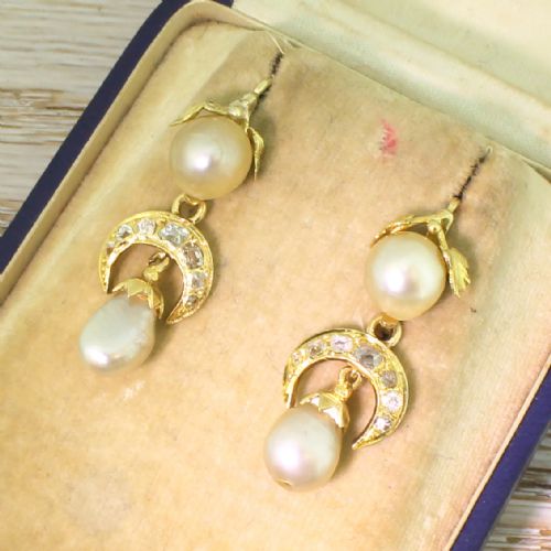 Victorian Natural Pearl & Old Cut Diamond Drop Earrings, Circa 1860
