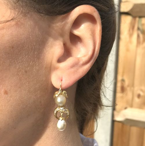 fig 1. Victorian Natural Pearl & Old Cut Diamond Drop Earrings, circa 1860