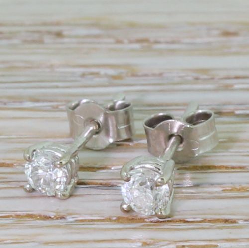 0.48 Carat Old Cut Diamond Stud Earrings, 18k White Gold

