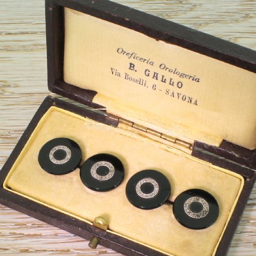 Art Deco Onyx & Rose Cut Diamond Cufflinks, Boxed, Circa 1920
