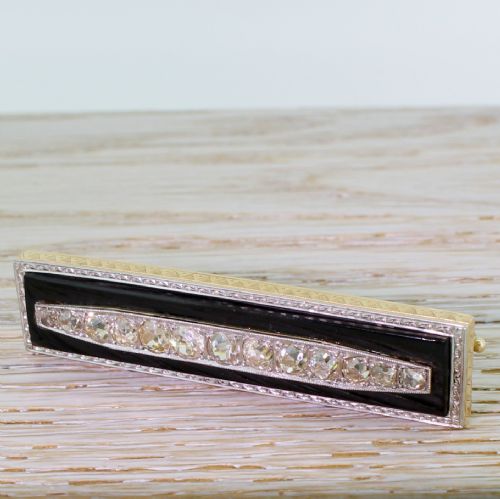 Art Deco 2.37 Carat Old Cut Diamond & Onyx Brooch, Circa 1940
