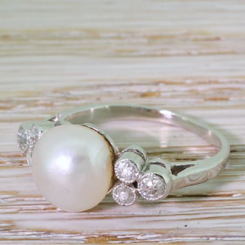 Art Deco Natural Saltwater Pearl & Old Cut Diamond Ring, Circa 1935
