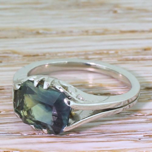 Mid Century 3.85 Carat Greenish Blue Sapphire Solitaire Ring, Circa 1955

