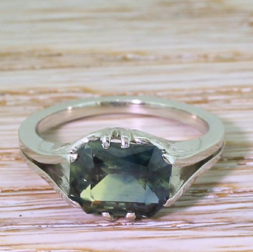 fig 1. Mid Century 3.85 Carat Greenish Blue Sapphire Solitaire Ring, circa 1955