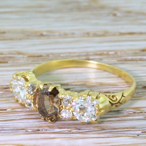 Victorian 2.10 Carat Fancy Cognac & White Old Cut Diamond Ring, Circa 1900
