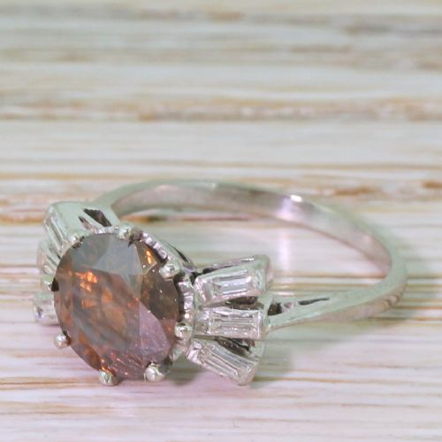 Art Deco 1.70 Carat Fancy Vivid Orangey Brown Old European Cut Diamond Ring, Circa 1925
