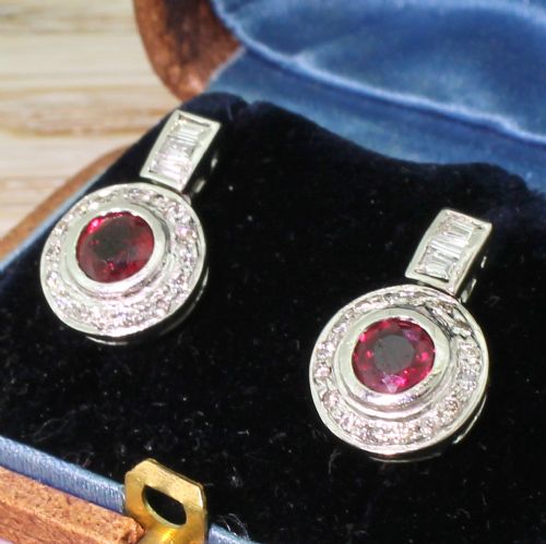 Mid Century Ruby & Diamond Target Cluster Earrings, Circa 1960
