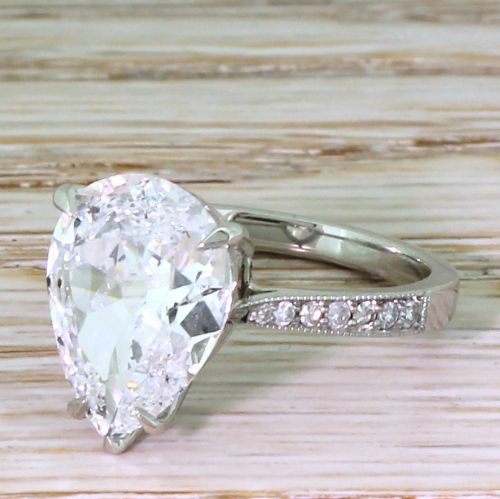 4.05 Carat Old Pear Cut Diamond Solitaire Ring, Platinum
