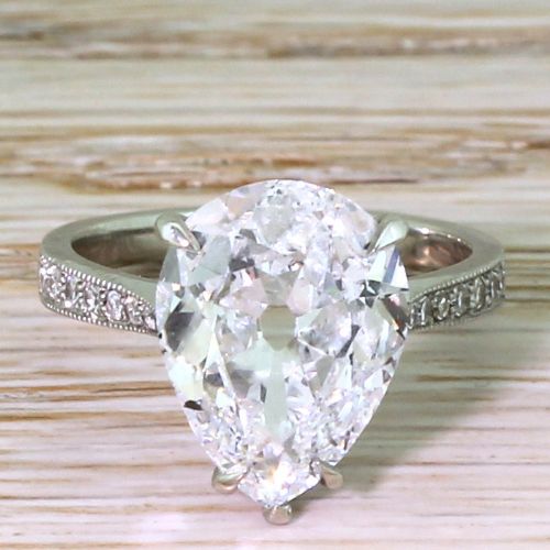 fig 1. 4.05 Carat Old Pear Cut Diamond Solitaire Ring, Platinum