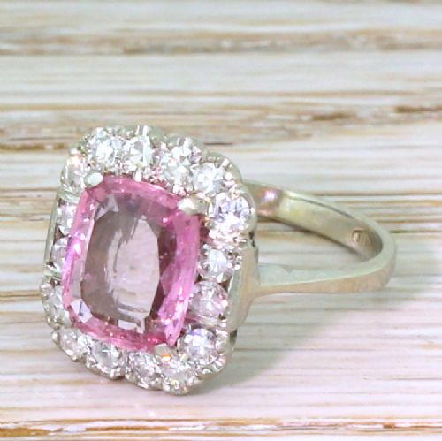 Mid Century 1.80 Carat Natural Pink Sapphire & Diamond Ring, Circa 1950

