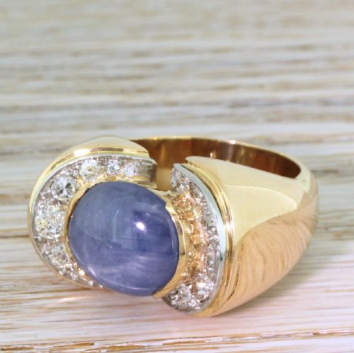 Retro 11.00 Carat Star Sapphire & 1.04 Carat Old Cut Diamond Ring, Circa 1950

