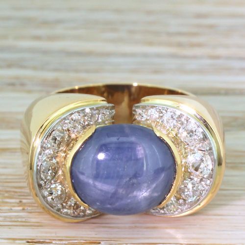 fig 1. Retro 11.00 Carat Star Sapphire & 1.04 Carat Old Cut Diamond Ring, circa 1950