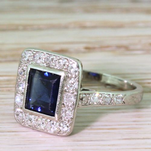 Mid Century 0.95 Carat Sapphire & 0.31 Carat Diamond Cluster Ring, Circa 1960
