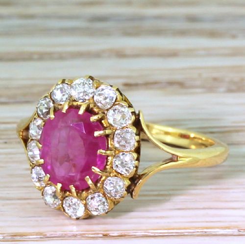 Victorian 1.51 Carat Ruby & Old Cut Diamond Cluster Ring, Circa 1900
