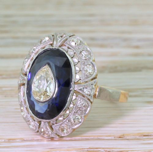Mid Century Old Pear Cut & Sapphire Cluster Ring

